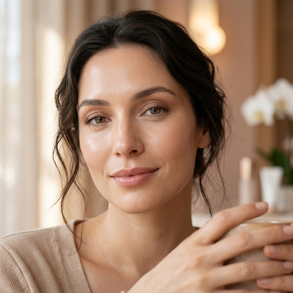 Rosto com expressão natural e aparência descansada